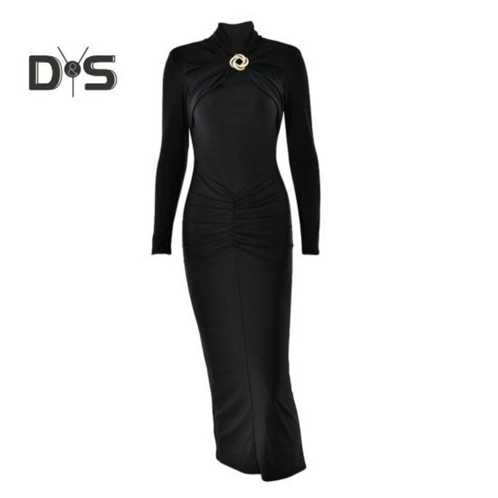 (black, S) Women Evening Dress Hollow Out Bodycon Metal Buckle Ruched Elastic Pure Color Midi Dress Long Sleeve Prom Party Dress