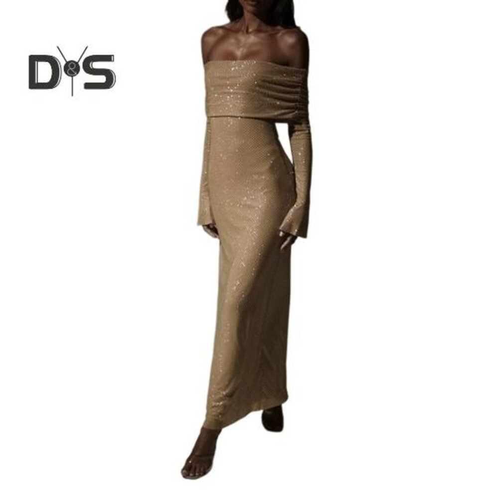 (khaki, S) Lady Evening Dress Bateau Neckline Off Shoulder Long Sleeves Shimmering Sequin Bronzing Strapless Bodycon Prom Cocktail Party Maxi Dress