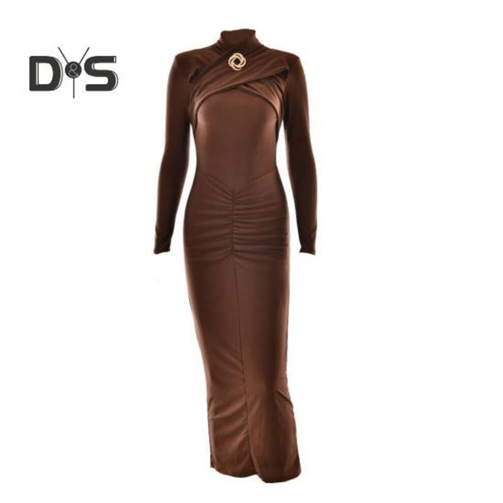 (coffee, M) Women Evening Dress Hollow Out Bodycon Metal Buckle Ruched Elastic Pure Color Midi Dress Long Sleeve Prom Party Dress