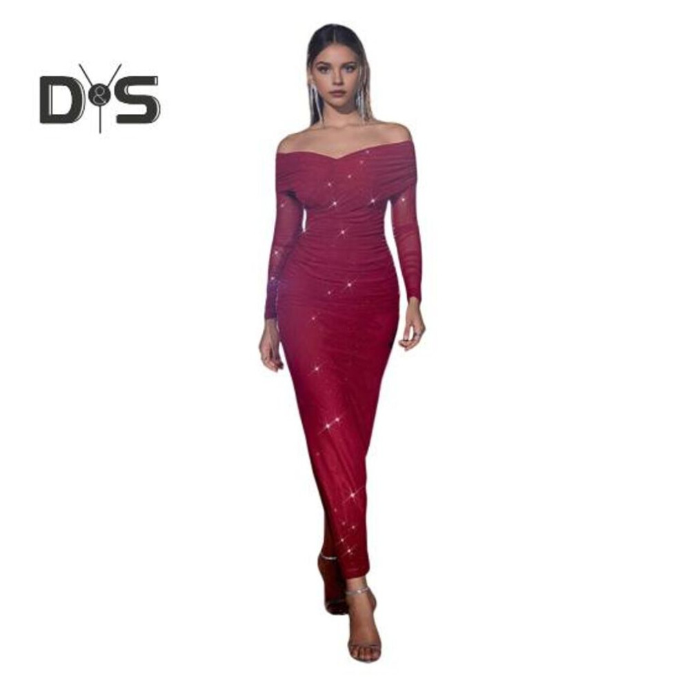 (wine red, S) Lady Evening Dress Off Shoulder Long Sleeves Mesh Patchwork Pleated Cross Bandeau Slim Fit Prom Wedding Party Cocktail Maxi Dress