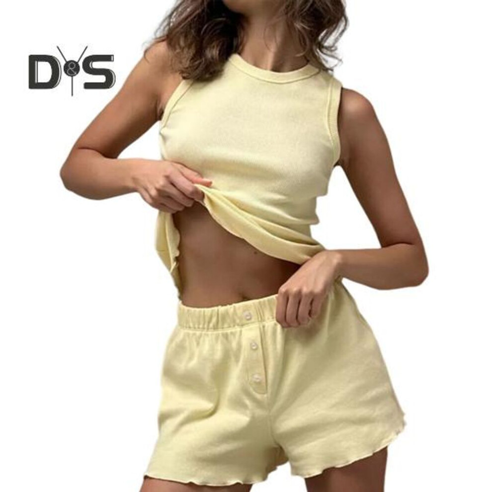 (yellow, L) Women's Two-Piece Lounge Set Crew Neck Sleeveless Ribbed Tank Top And Elastic Waist Shorts Set Summer Casual Outfit