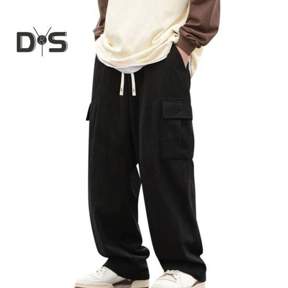 (black, M) Men Pants Elastic Waist Adjustable Drawstring Long Pants With Flap Pockets Solid Color Loose Fit Corduroy Pants