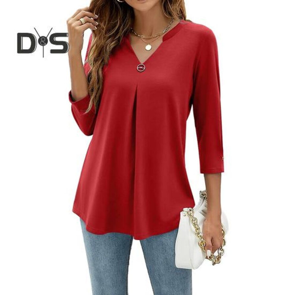(L, red) Women T-shirt V-neck 3/4 Sleeve Loose Fit Breathable T-shirt Solid Color Pleated Mid-length Tops Daily Wear