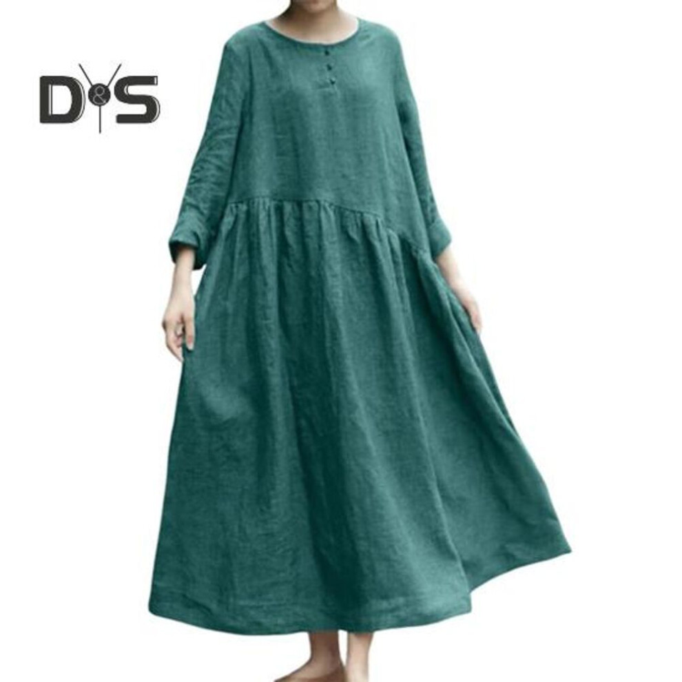 (green, 3XL) Women's Cotton Linen Maxi Dress Long Sleeve Button Up Crewneck Long Dress with Pockets Plus Size Casual Flowy Beach Sundress