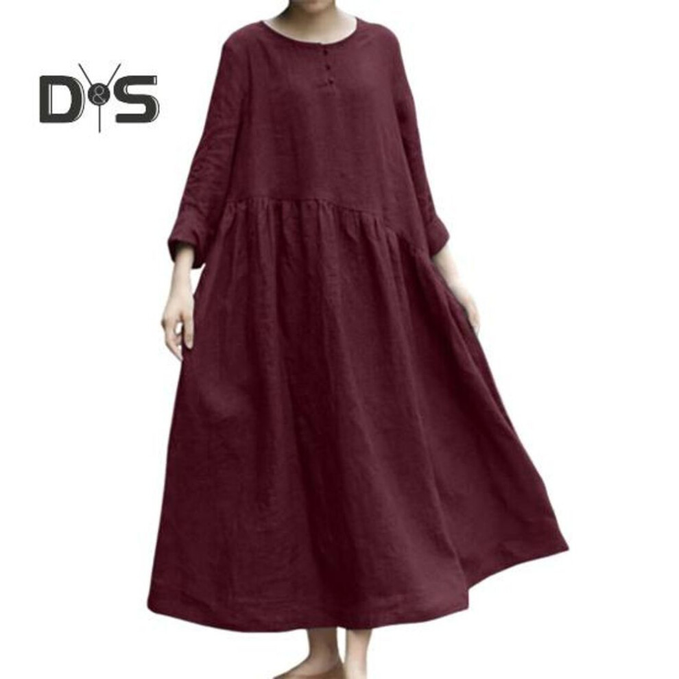 (red, M) Women's Cotton Linen Maxi Dress Long Sleeve Button Up Crewneck Long Dress with Pockets Plus Size Casual Flowy Beach Sundress