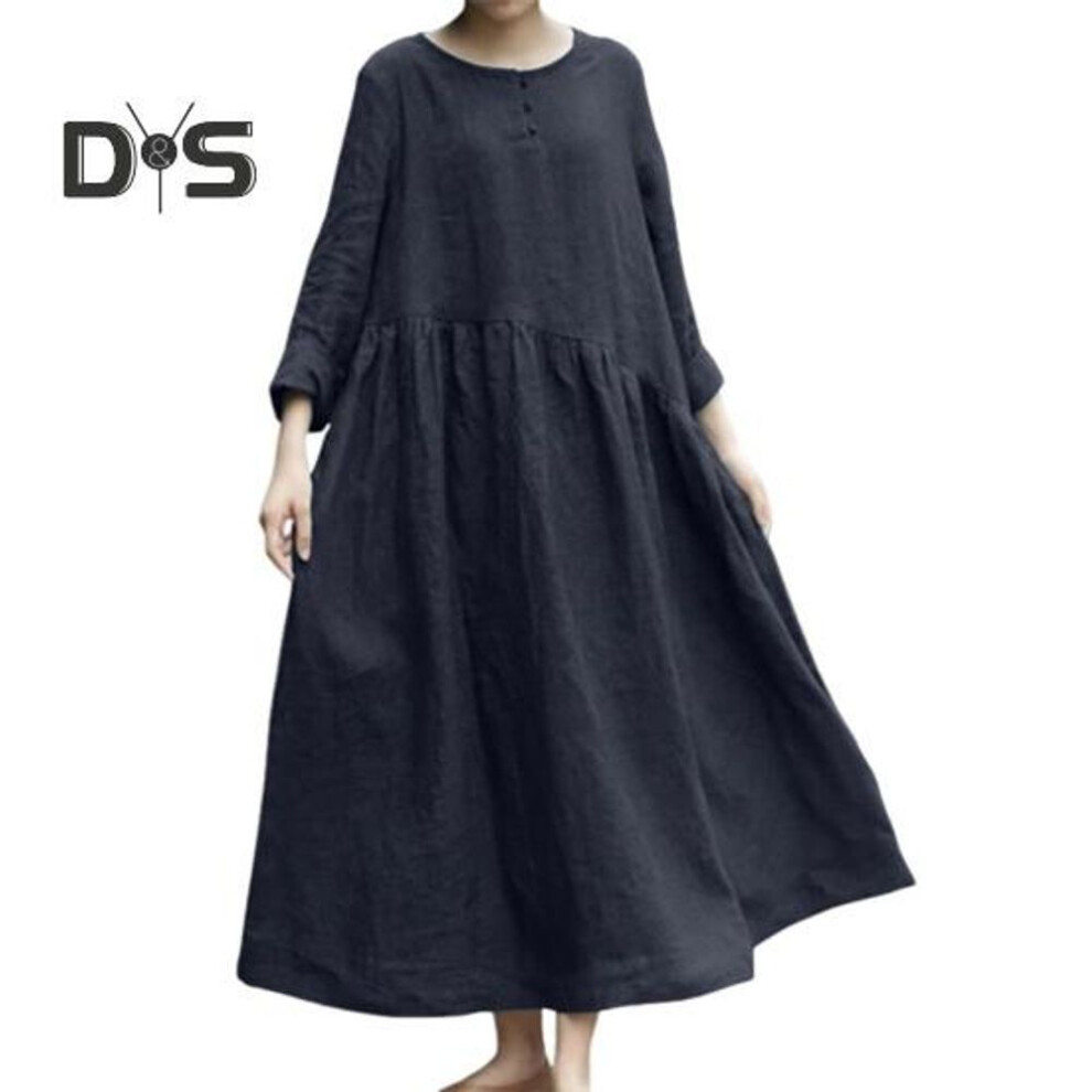(black, M) Women's Cotton Linen Maxi Dress Long Sleeve Button Up Crewneck Long Dress With Pockets Plus Size Casual Flowy Beach Sundress