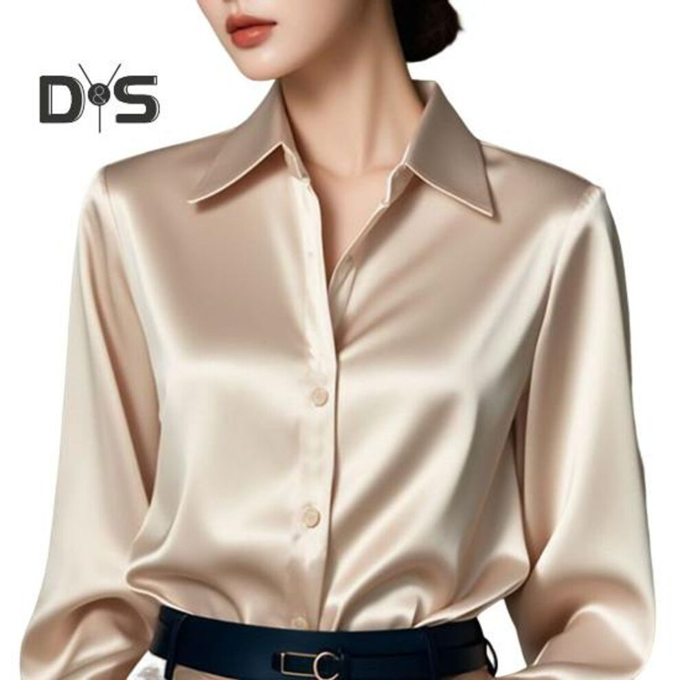 (L, champagne) Women Shirt Solid Color Smooth Satin Long Sleeve Lapel Casual Tops Single Breasted Franch Style Office Shirt