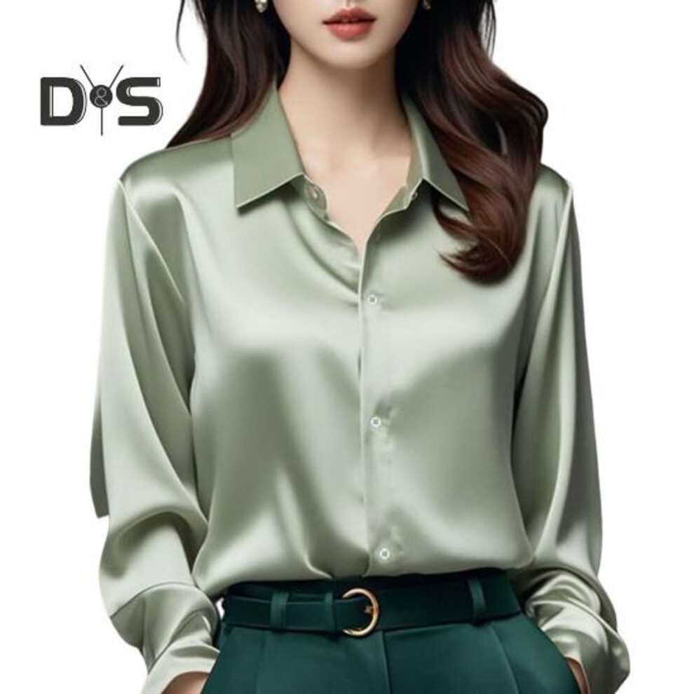 (2XL, light green) Women Shirt Solid Color Smooth Satin Long Sleeve Lapel Casual Tops Single Breasted Franch Style Office Shirt