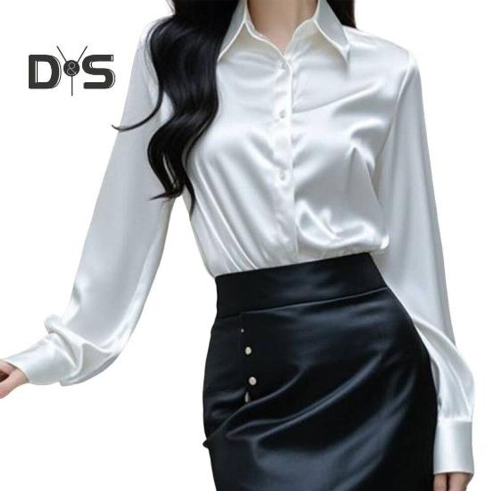 (L, white) Women Shirt Solid Color Smooth Satin Long Sleeve Lapel Casual Tops Single Breasted Franch Style Office Shirt