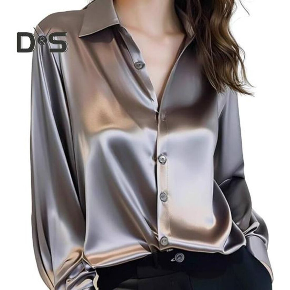 (XL, grey) Women Shirt Solid Color Smooth Satin Long Sleeve Lapel Casual Tops Single Breasted Franch Style Office Shirt