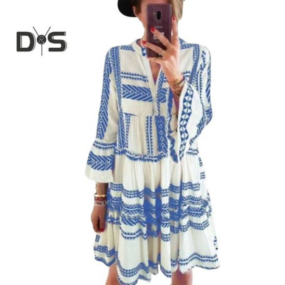 (blue, M) Women's Summer Pleated Short Dress Ruffled 3/4 Sleeve V Neck Button Up Mini Dress Boho Loose Flowy Beach Sundress