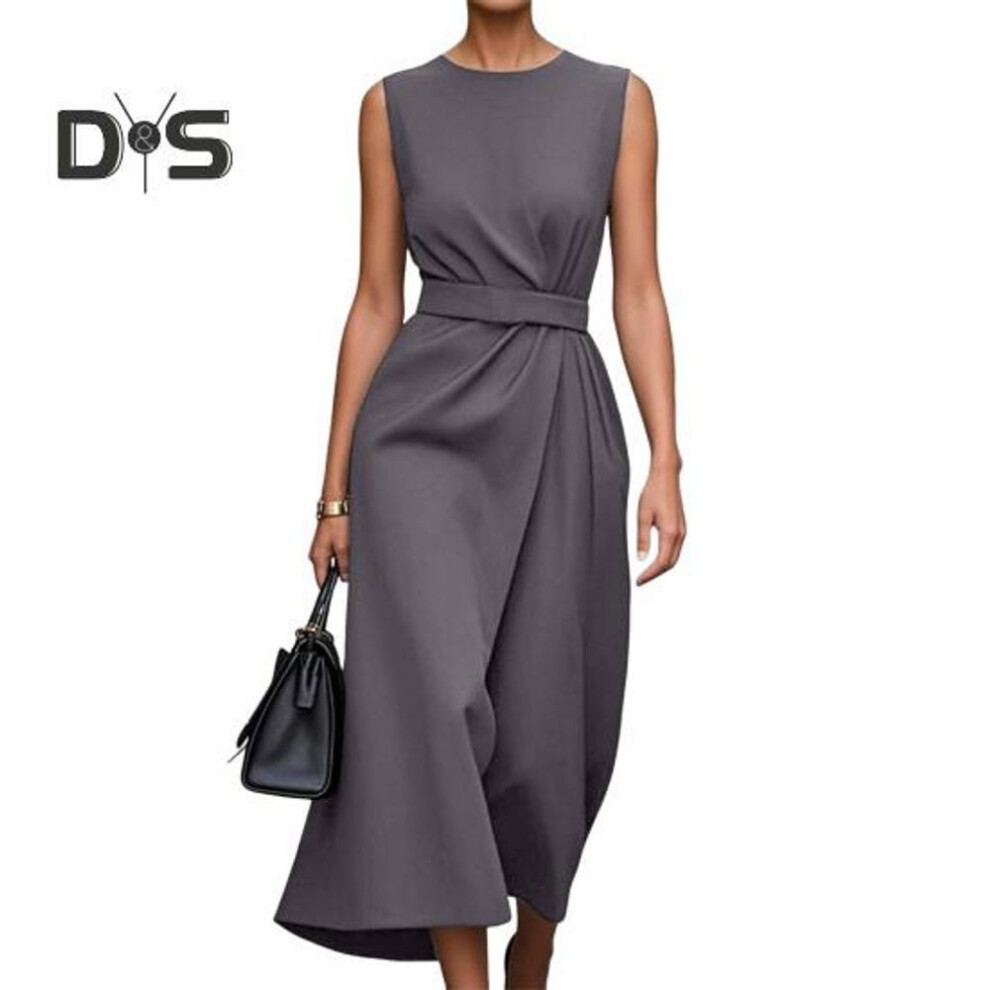 (grey, S) Women's Summer Sleeveless Maxi Dress A Line Pleated Crew Neck Tank Dress Casual Business Work Midi Dress