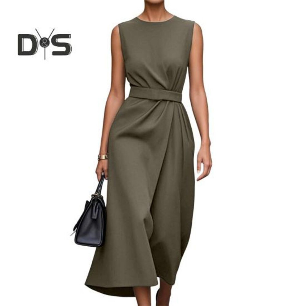 (army green, L) Women's Summer Sleeveless Maxi Dress A Line Pleated Crew Neck Tank Dress Casual Business Work Midi Dress