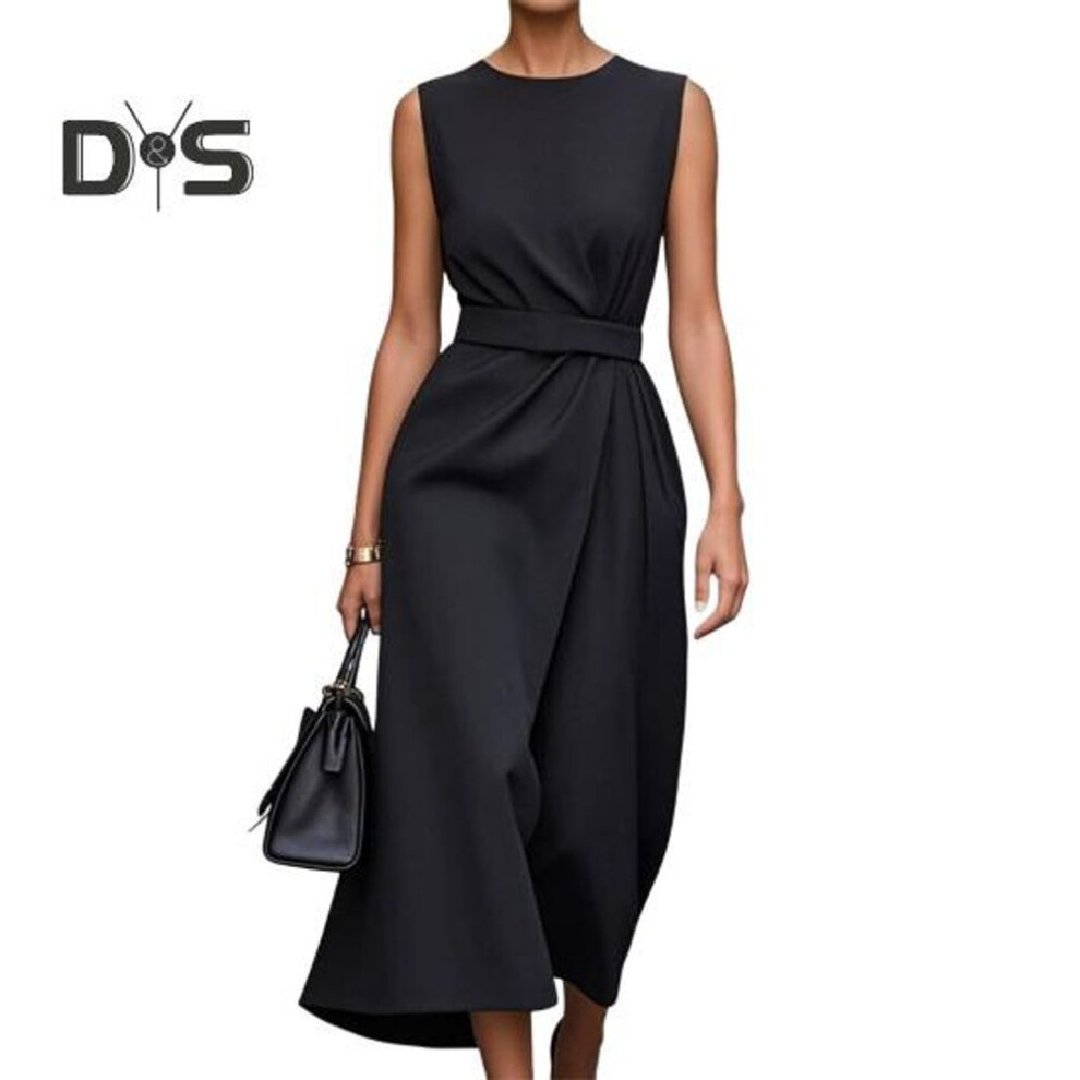 (black, M) Women's Summer Sleeveless Maxi Dress A Line Pleated Crew Neck Tank Dress Casual Business Work Midi Dress