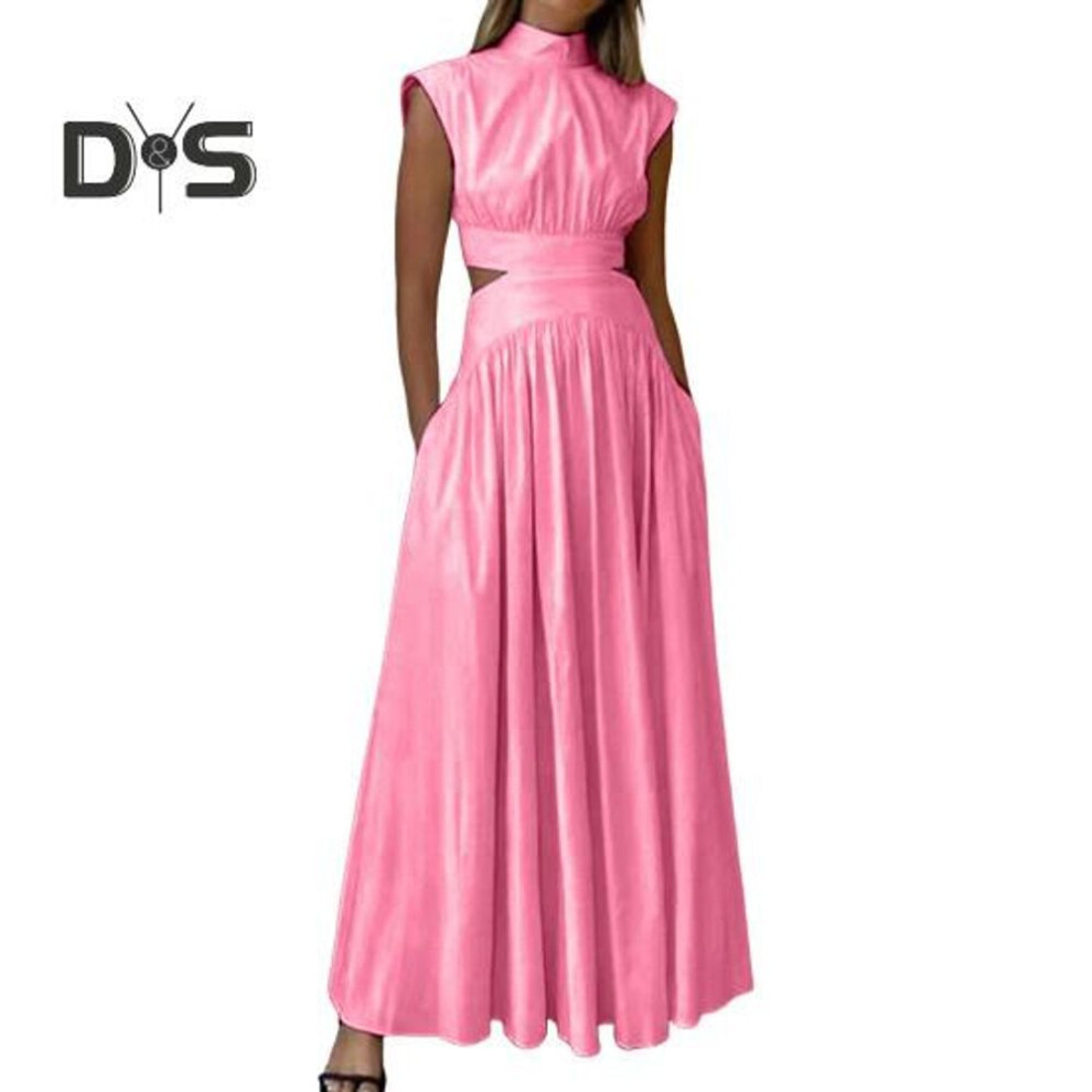 (pink, L) Women's Summer Sleeveless Long Dress Mock Neck Waist Hollow-Out Maxi Dress A Line Pleated Cocktail Party Dress