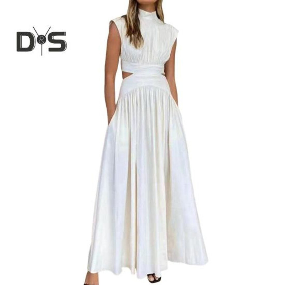 (white, L) Women's Summer Sleeveless Long Dress Mock Neck Waist Hollow-Out Maxi Dress A Line Pleated Cocktail Party Dress