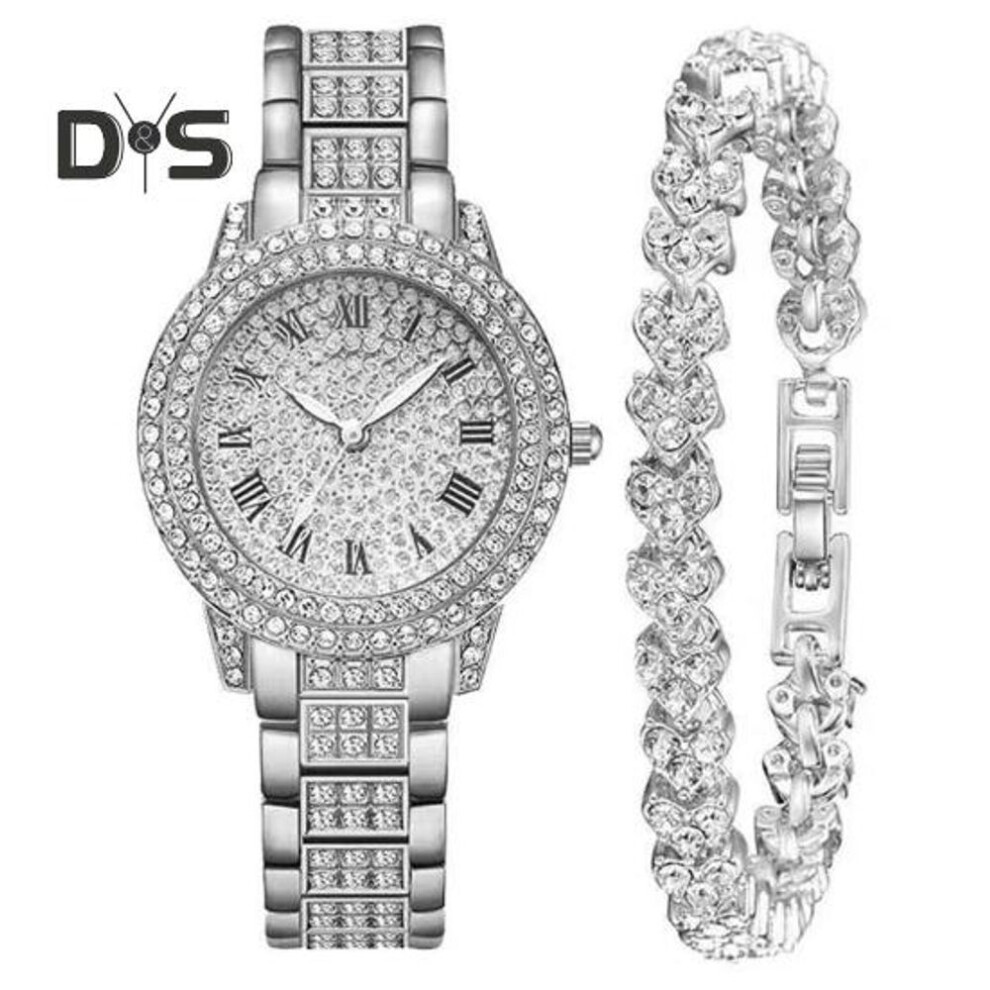 (silver) 2pcs/set Women Quart Watch Shiny Rhinestones Circular Dial High Precision Movement Wristwatch With Bracelet
