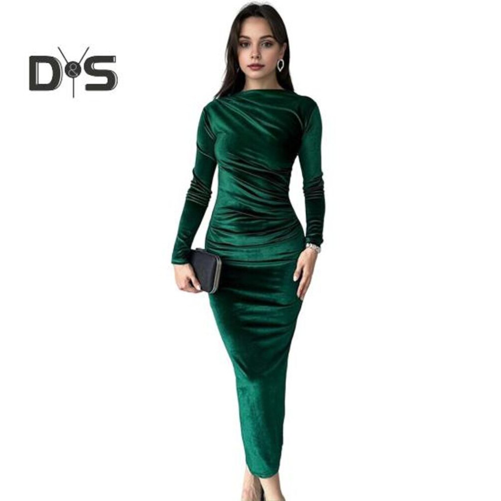 (green, XL) Lady Evening Dress Slim Fit Pleated Bateau Neck Long Sleeve Pure Color Midi Dress Sheath Calf Length Prom Cocktail Party Dress