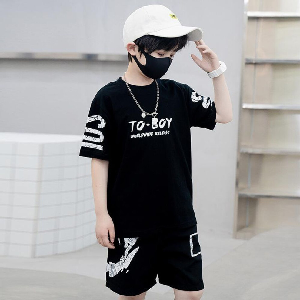 (black, 140) Boys Summer Trendy Casual Sports 2pcs T-shirts+pants Suits 3-14 Years Teenage Boys Hip Hop Style Fashion Outfits Clothes Sets