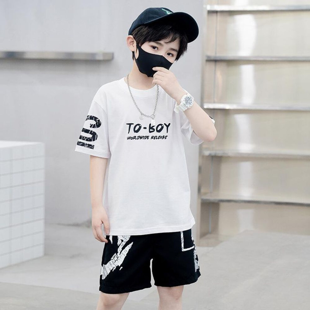 (white, 150) Boys Summer Trendy Casual Sports 2pcs T-shirts+Pants Suits 3-14 Years Teenage Boys Hip Hop Style Fashion Outfits Clothes Sets