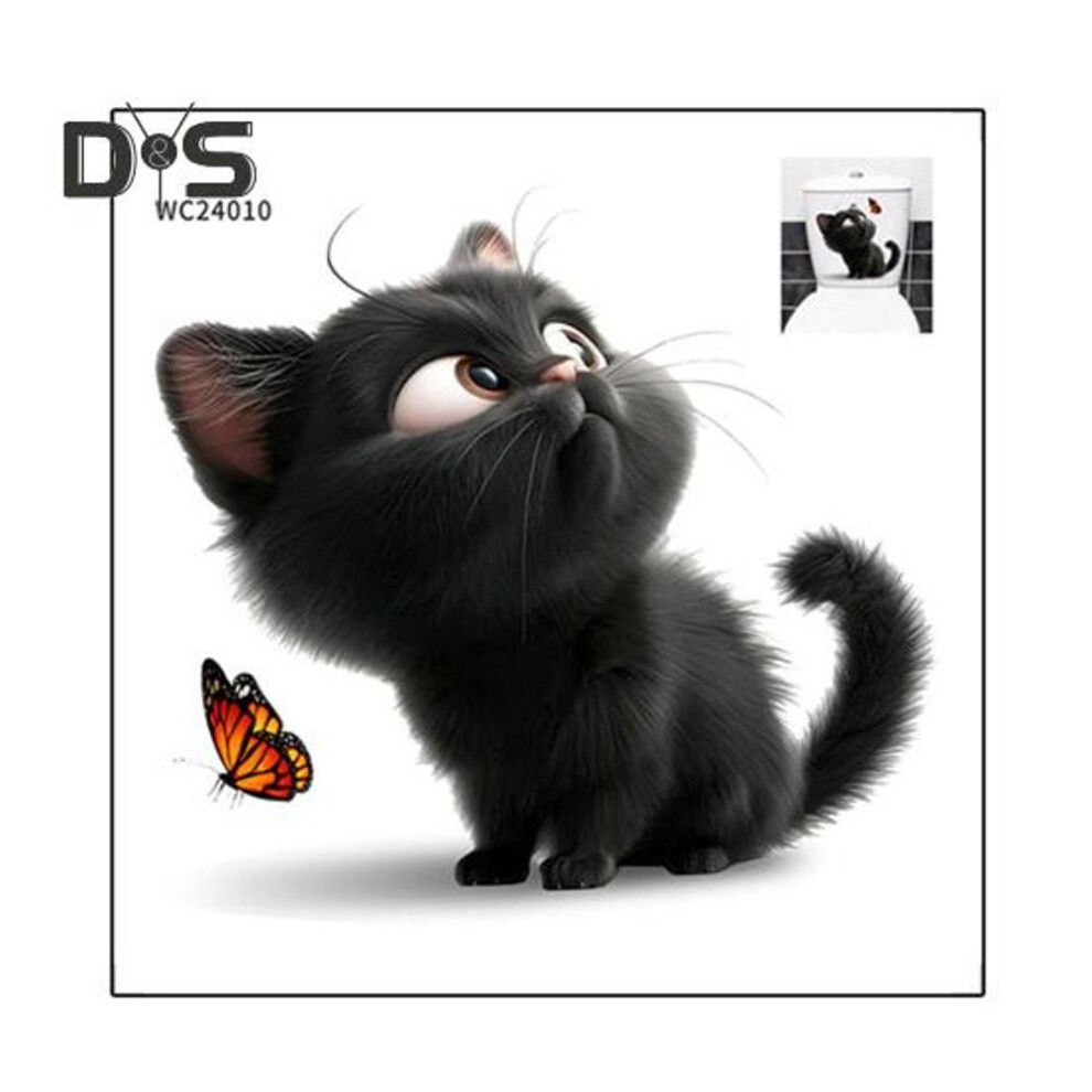 Black Cat Butterfly Toilet Sticker Waterproof Removable Self-adhesive Pvc Living Room Bathroom Wall Art Cartoon Kitten Toilet Seat Lid Decoration