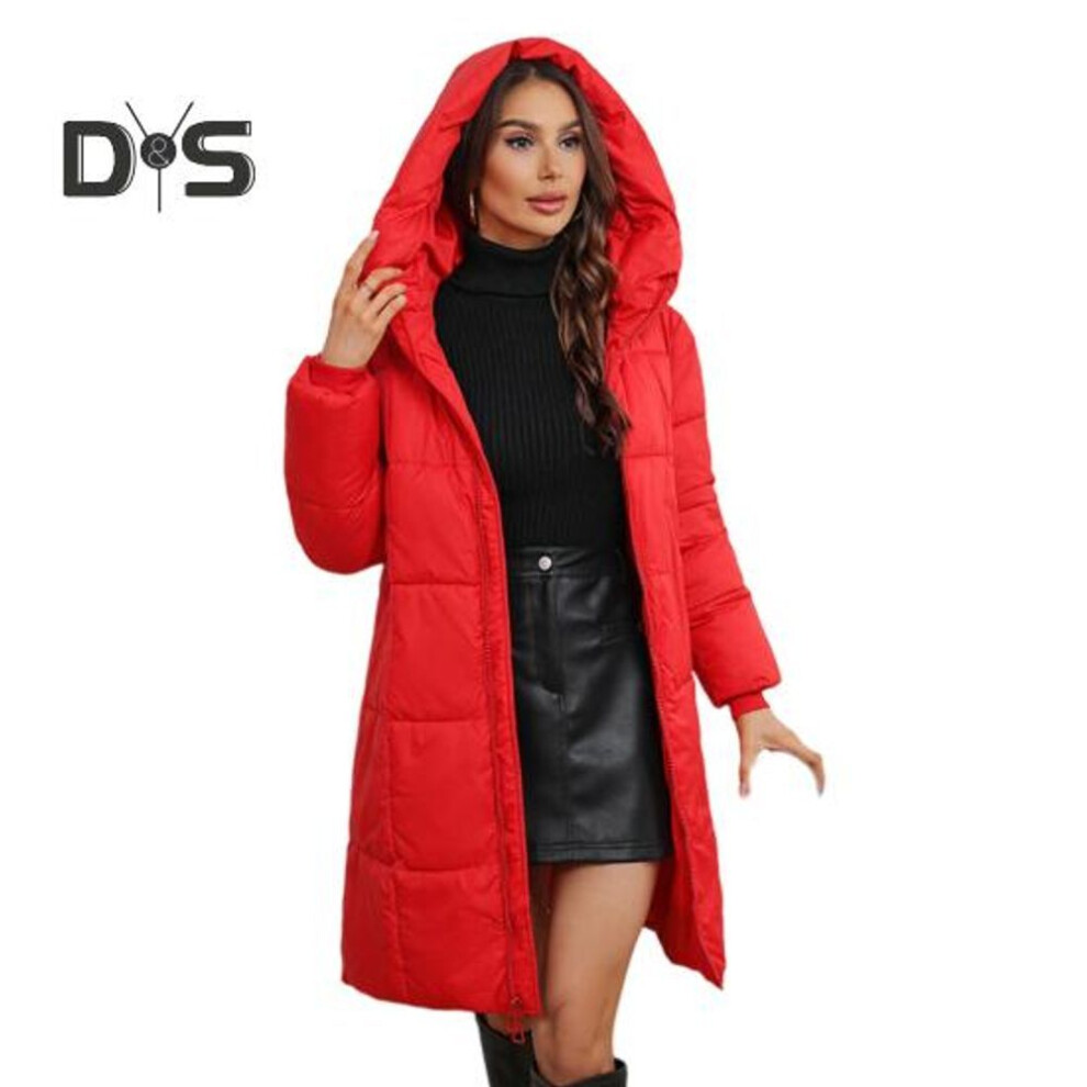(red, XL) Women Winter Jacket with Hood Thickened Padded Down Coat Slim Waist Zipper Closure Mid Length Windproof Cold Weather Cotton Coat