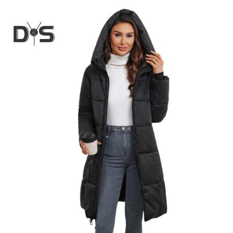 (black, XXL) Women Winter Jacket with Hood Thickened Padded Down Coat Slim Waist Zipper Closure Mid Length Windproof Cold Weather Cotton Coat