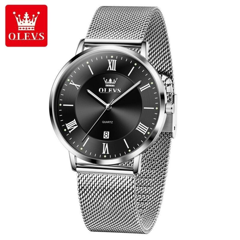 (silver,black) Olevs Mens Watch Minimalism Ultrathin Original Quartz Wristwatch Waterproof Luminous Mesh Strap Date Watch Gifts