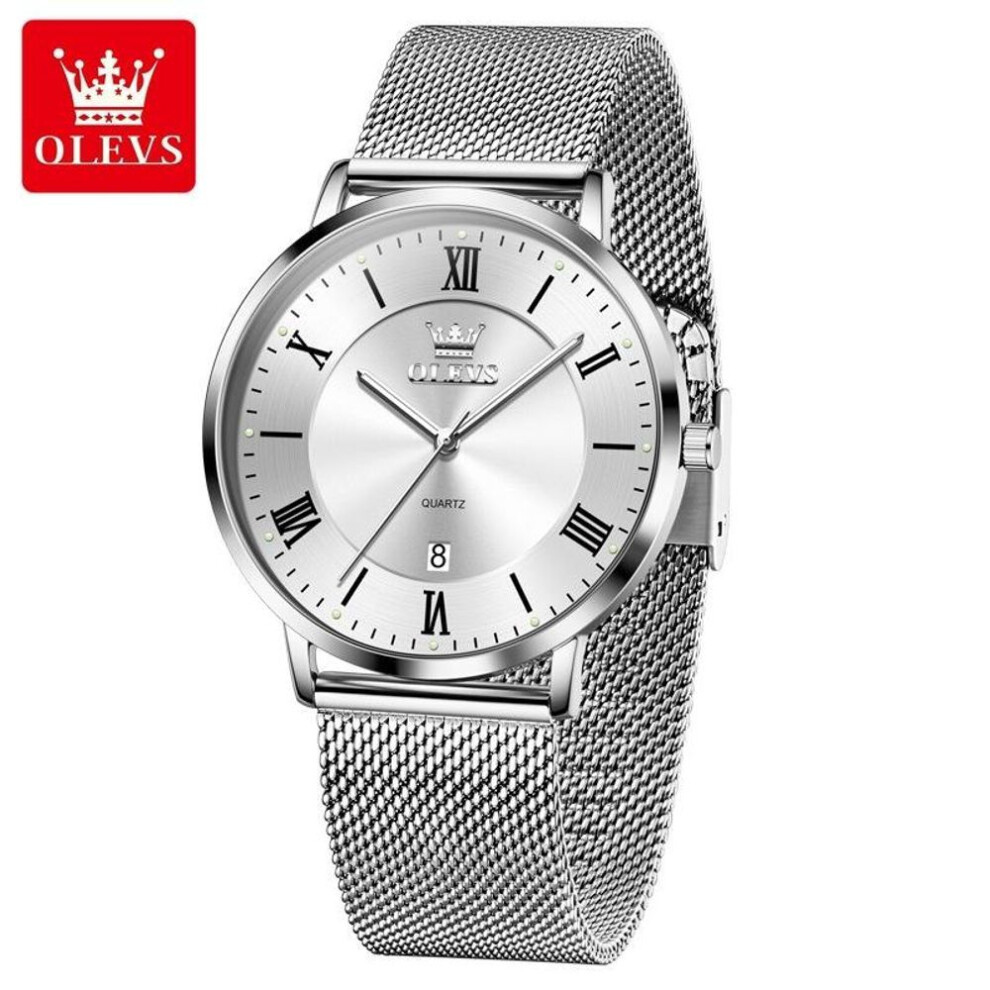 (silver,white) Olevs Mens Watch Minimalism Ultrathin Original Quartz Wristwatch Waterproof Luminous Mesh Strap Date Watch Gifts