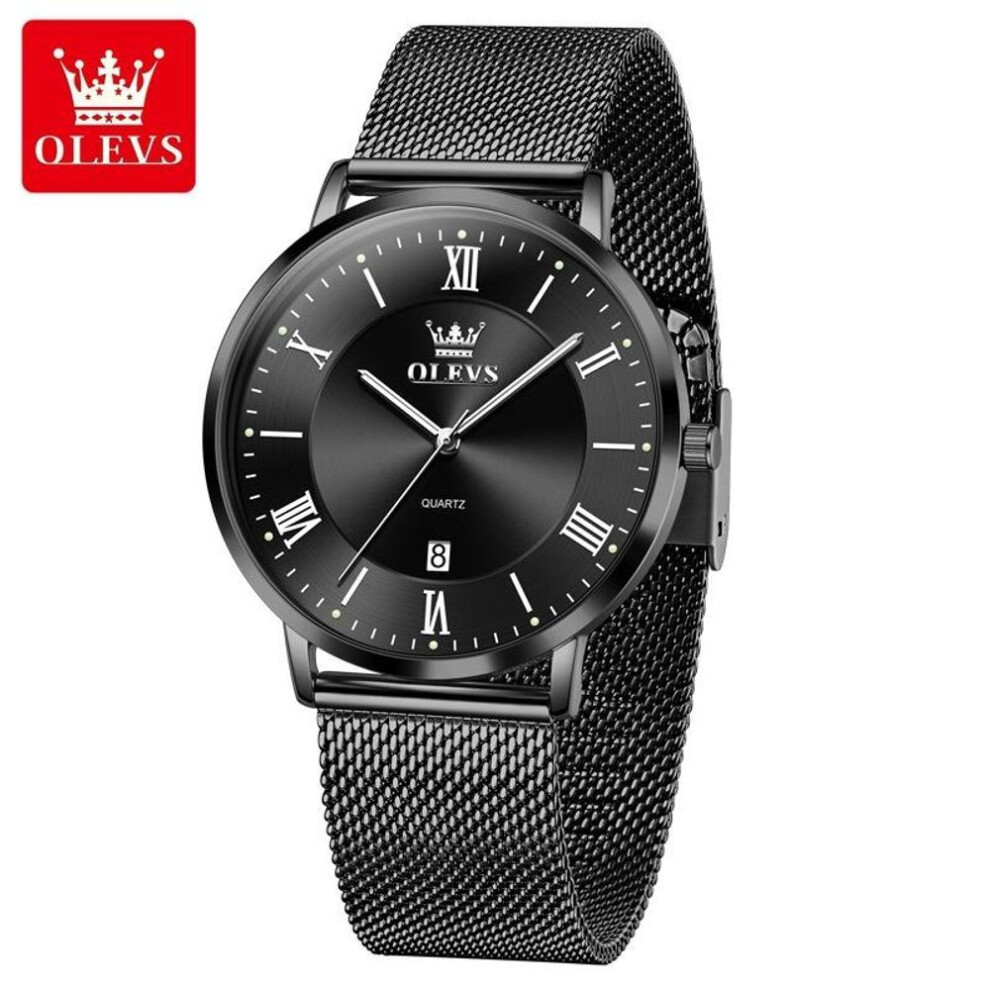 (black) Olevs Mens Watch Minimalism Ultrathin Original Quartz Wristwatch Waterproof Luminous Mesh Strap Date Watch Gifts