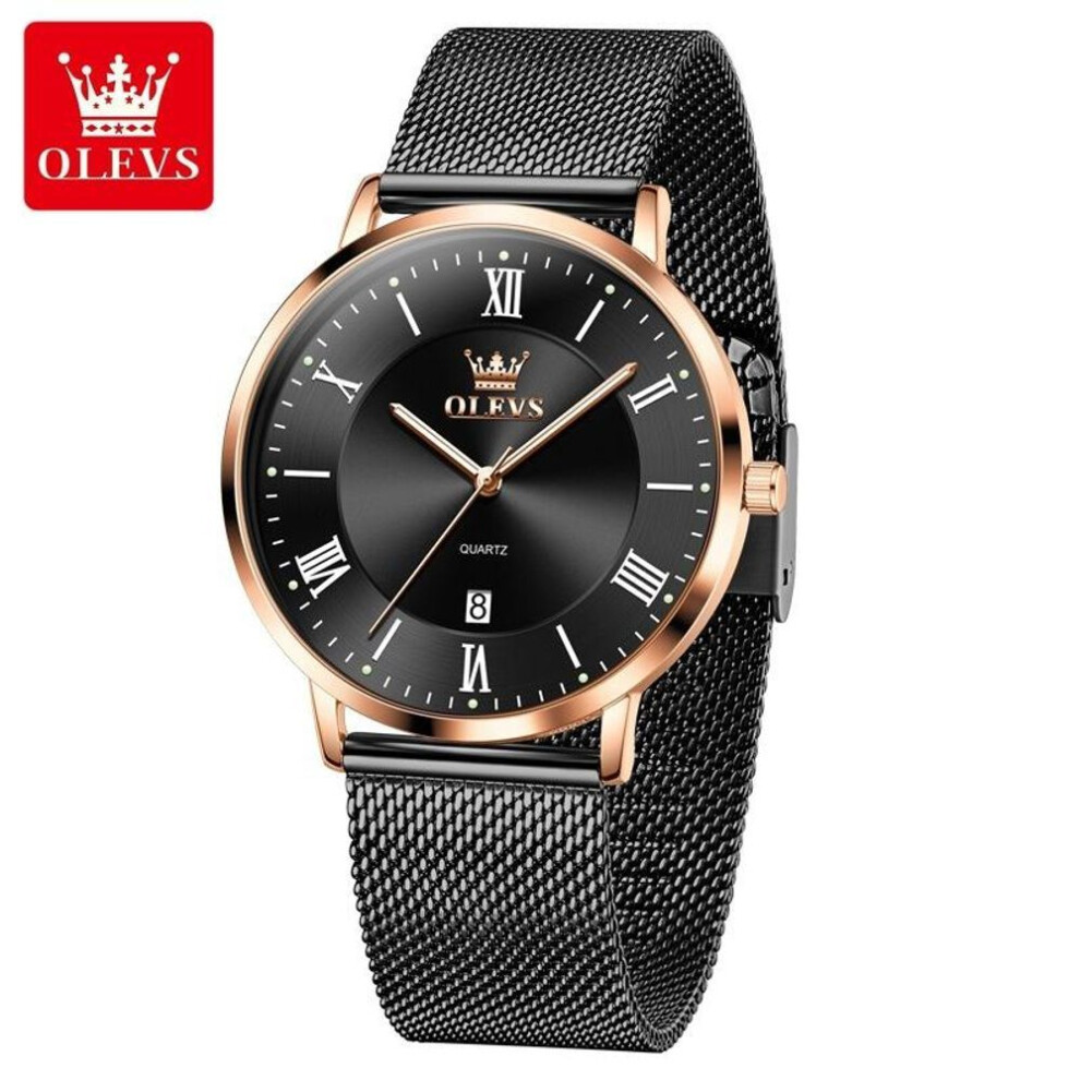 (black,rose gold) OLEVS Mens Watch Minimalism Ultrathin Original Quartz Wristwatch Waterproof Luminous Mesh Strap Date Watch Gifts