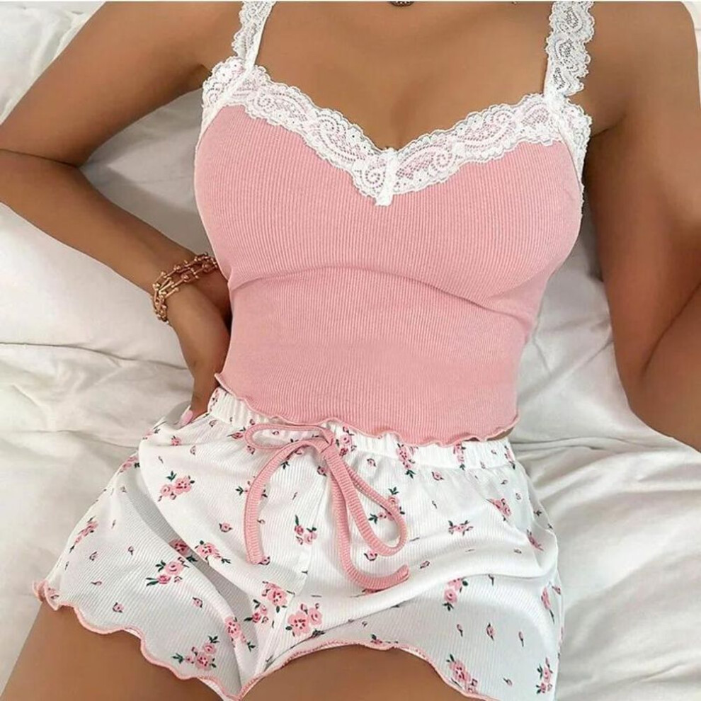 (S, pink) 2pcs/set Fancy Lingerie Women's Homewear Lace Camisole Tank Top Shorts Stretch College Students Homewear Casual Wearable Pajamas