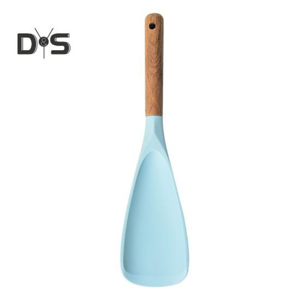 (blue) Cooking Spatula Heat Resistant Wood Handle Silicone Cooking Spoon Non-stick Cookware for Home Kitchen