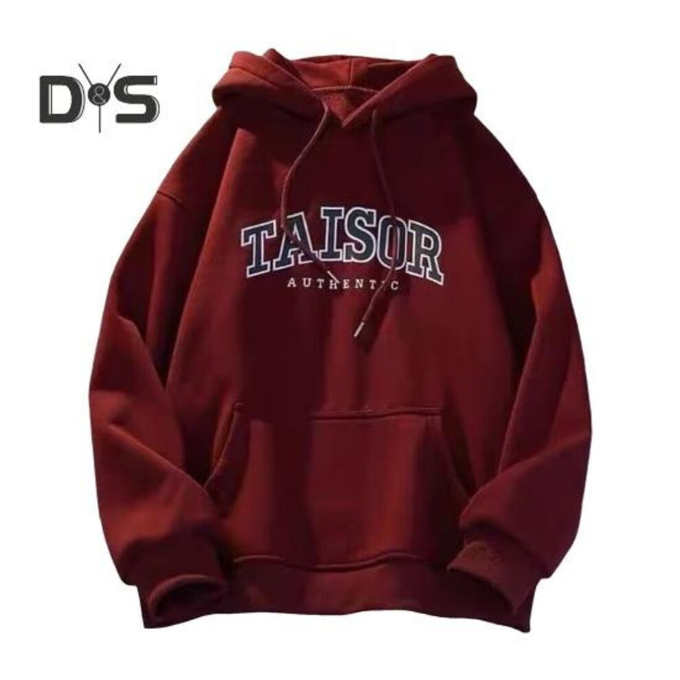 (XXL, wine red) Retro Couple Hoodie Letter Printed Drawstring Loose Hooded with Pocket Hip Hop Unisex Top School Sport Pullover Hoodie