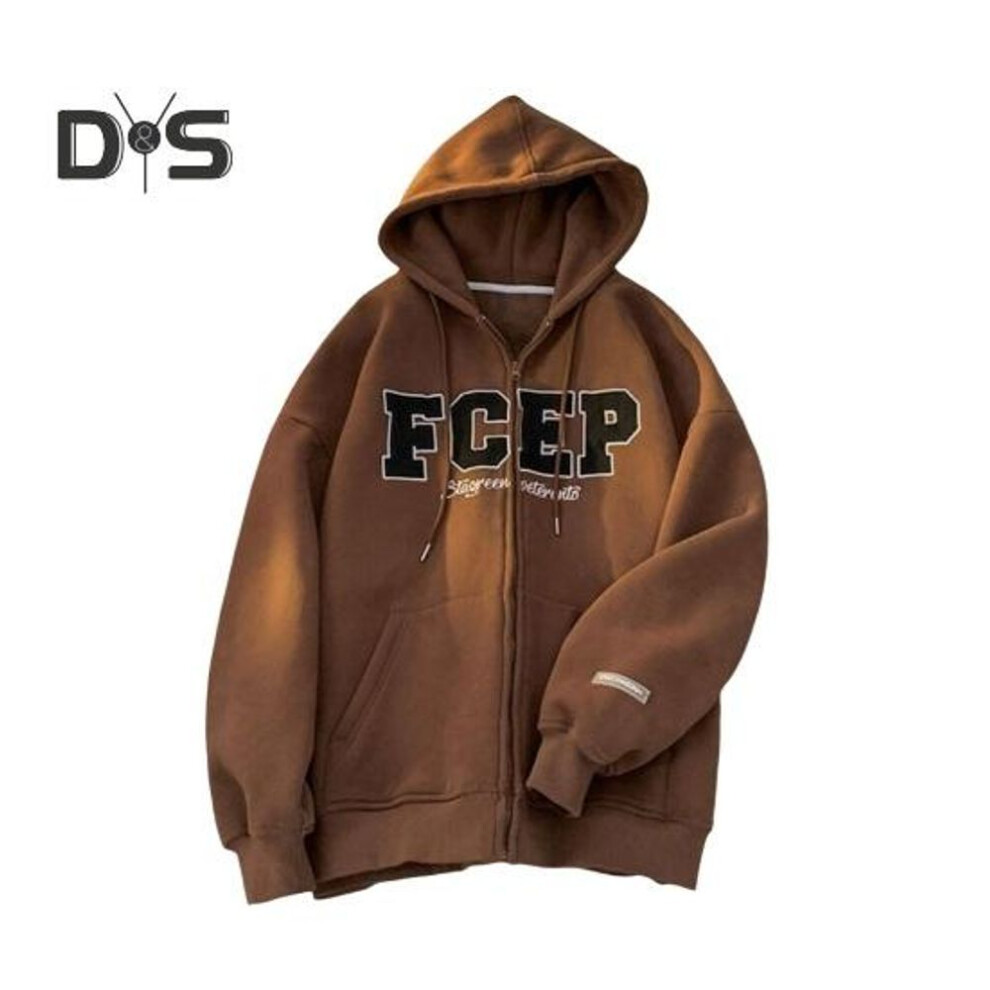 (brown, XL) Men Fall Winter Hooded Coat Drawstring Loose Hooded Zip-up Cardigan Letter Embroidery Outerwear with Pockets Streetwear Mid Length Sport Jacket