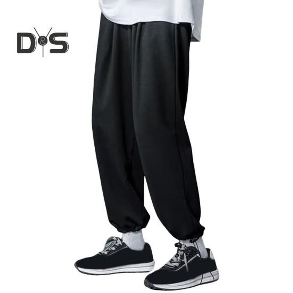 (black, M) Men Spring Fall Pants Drawstring Hem Elastic Waist Straight Wide Leg Straight Plus Size Slacks Solid Color Loose Street Style Sport Trousers