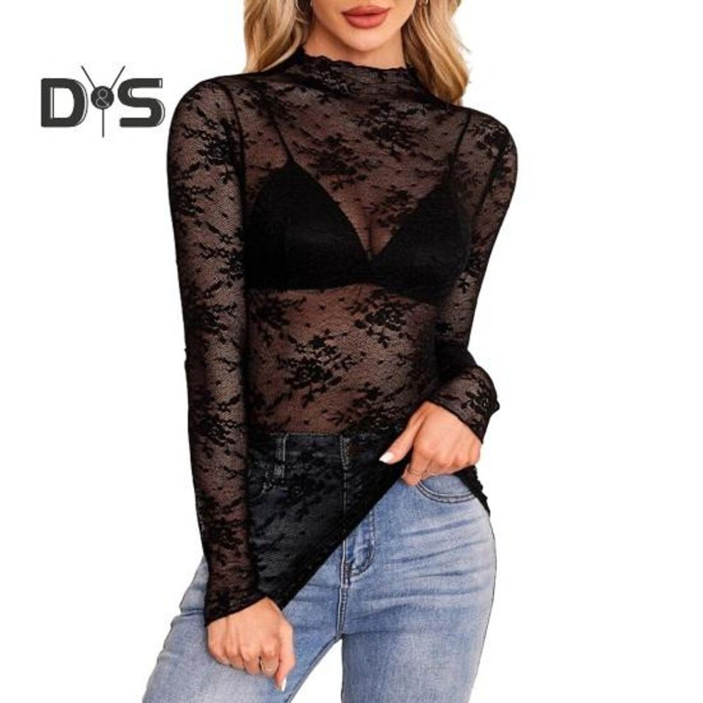 (L, black) Women Sheer Mesh Lace Tops Sexy Floral Embroidered Long Sleeve Shirt Bottoming Tops Versatile See-through Tops