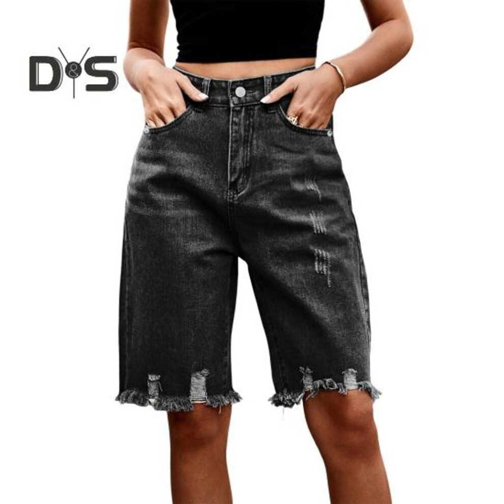 (black gray, XXL) Women's High Waisted Distressed Bermuda Denim Shorts Knee Length Ripped Stretchy Jean Shorts With Pockets Frayed Hem Short Pants