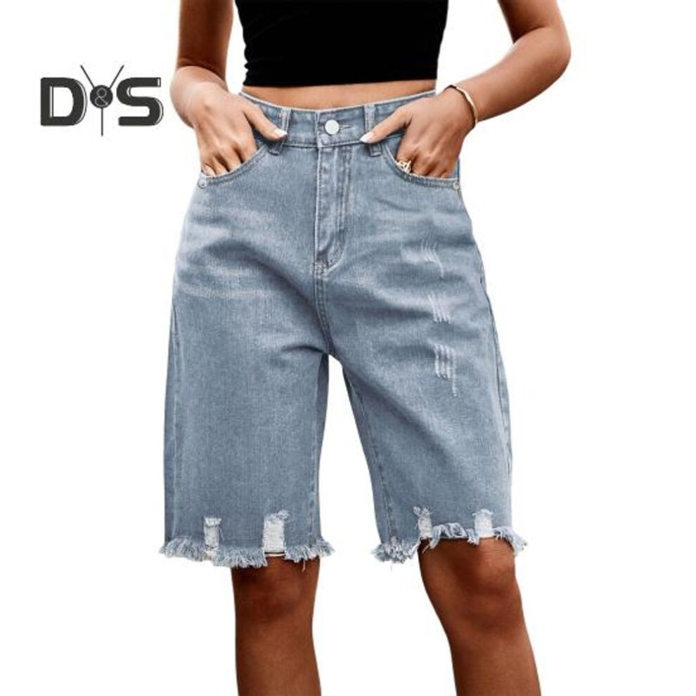 (light blue, M) Women's High Waisted Distressed Bermuda Denim Shorts Knee Length Ripped Stretchy Jean Shorts With Pockets Frayed Hem Short Pants