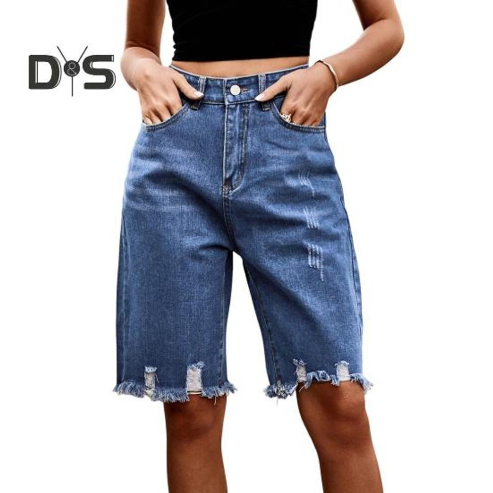(dark blue, S) Women's High Waisted Distressed Bermuda Denim Shorts Knee Length Ripped Stretchy Jean Shorts with Pockets Frayed Hem Short Pants