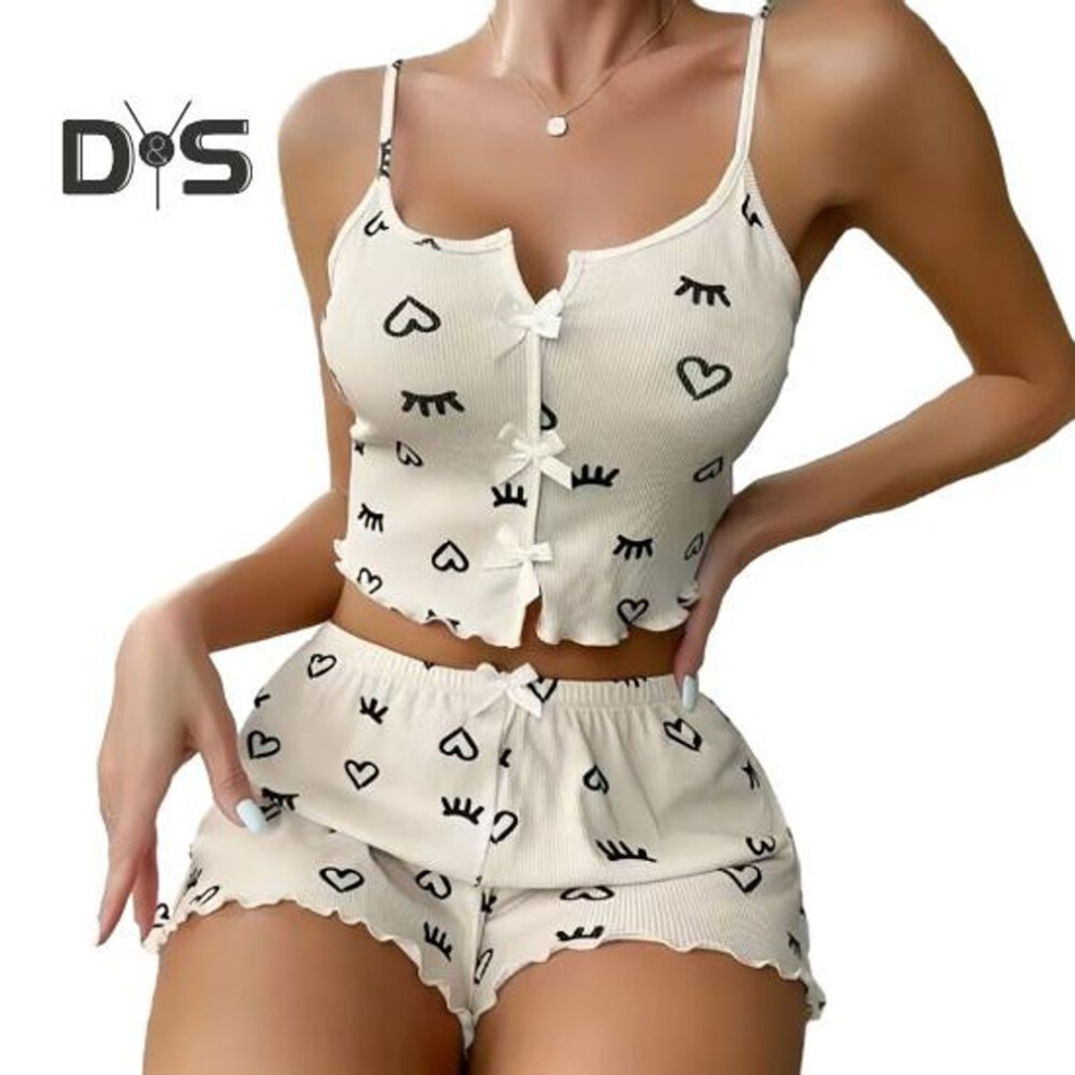 (S, beige) Women 2 Piece Pajama Set Printed Sleeveless Cami Crop Top And Shorts Sleepwear Set Summer Ribbed Lounge Sets