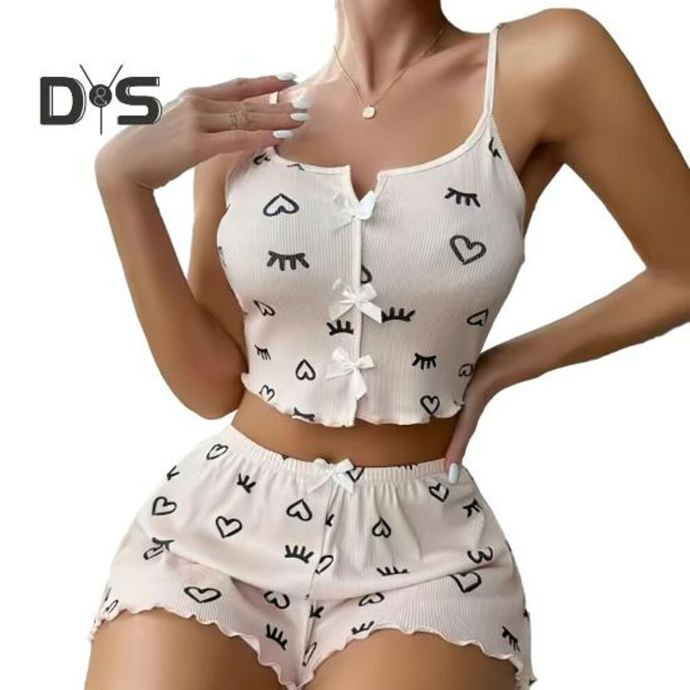 (XL, light pink) Women 2 Piece Pajama Set Printed Sleeveless Cami Crop Top And Shorts Sleepwear Set Summer Ribbed Lounge Sets