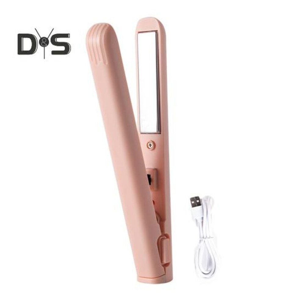 (pink) Portable USB Hair Straightener Fast Heating Electric Curling Iron Straight Curly Hair Bangs Mini Curling Wand Travel Women Hair Styling Tool