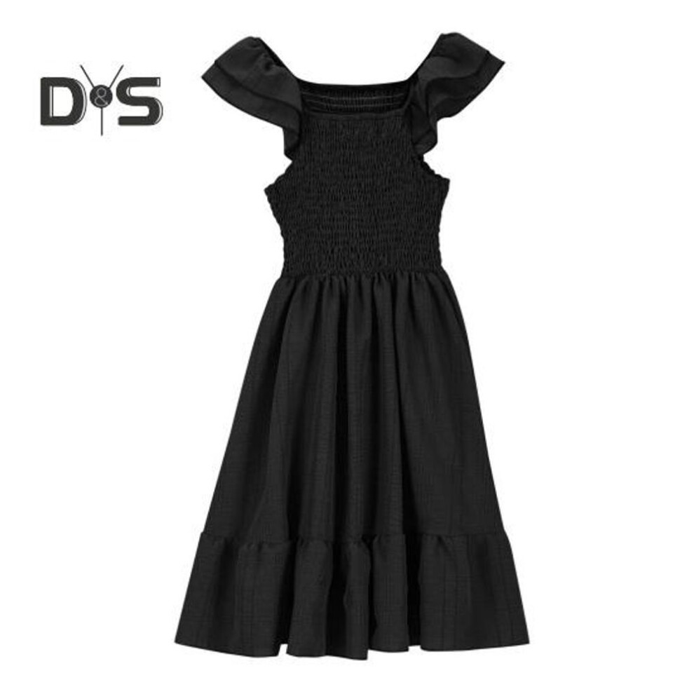 (black, 140cm) Girls Summer Dress Smocked Ruffle Sleeve Square Neck A-line Sundress Cute Princess Dress For Beach Party Birthday