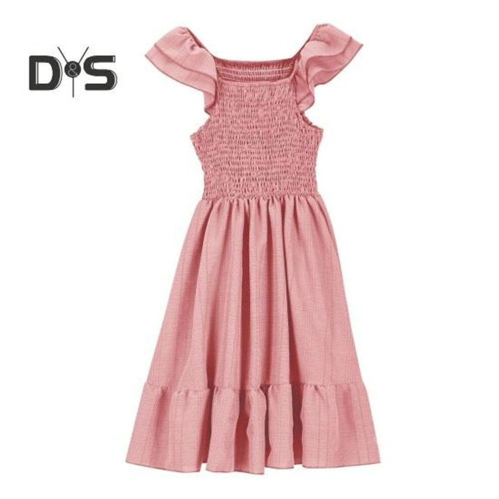 (pink, 150CM) Girls Summer Dress Smocked Ruffle Sleeve Square Neck A-Line Sundress Cute Princess Dress for Beach Party Birthday