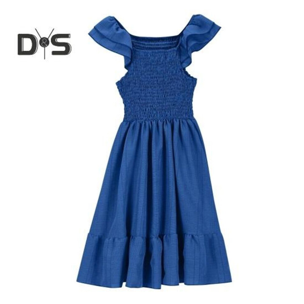 (blue, 150CM) Girls Summer Dress Smocked Ruffle Sleeve Square Neck A-line Sundress Cute Princess Dress For Beach Party Birthday