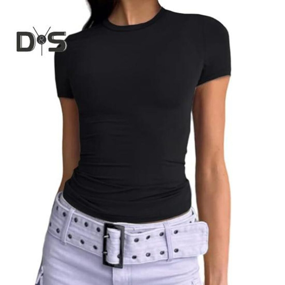 (M, black) Women T-shirt Round Neck Short Sleeve Solid Color Tee Shirt Slim Fit Summer Pullover Tops Work Daily Wear