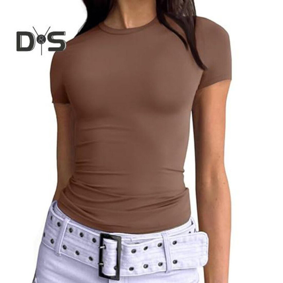 (S, coffee) Women T-shirt Round Neck Short Sleeve Solid Color Tee Shirt Slim Fit Summer Pullover Tops Work Daily Wear