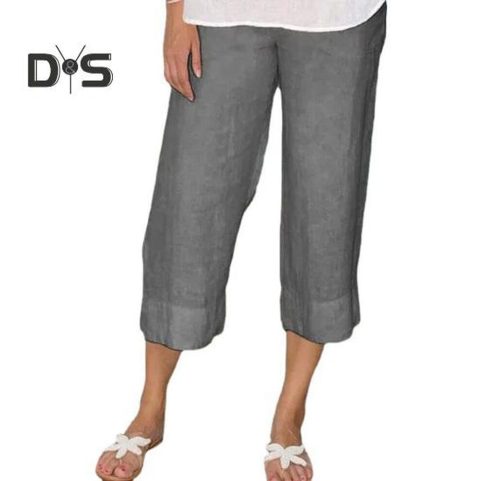 (dark gray, M) Women Pants Elastic Waist Mid-rise Wide-Leg Casual Pants with Pockets Solid Color Long Trousers Daily Wear
