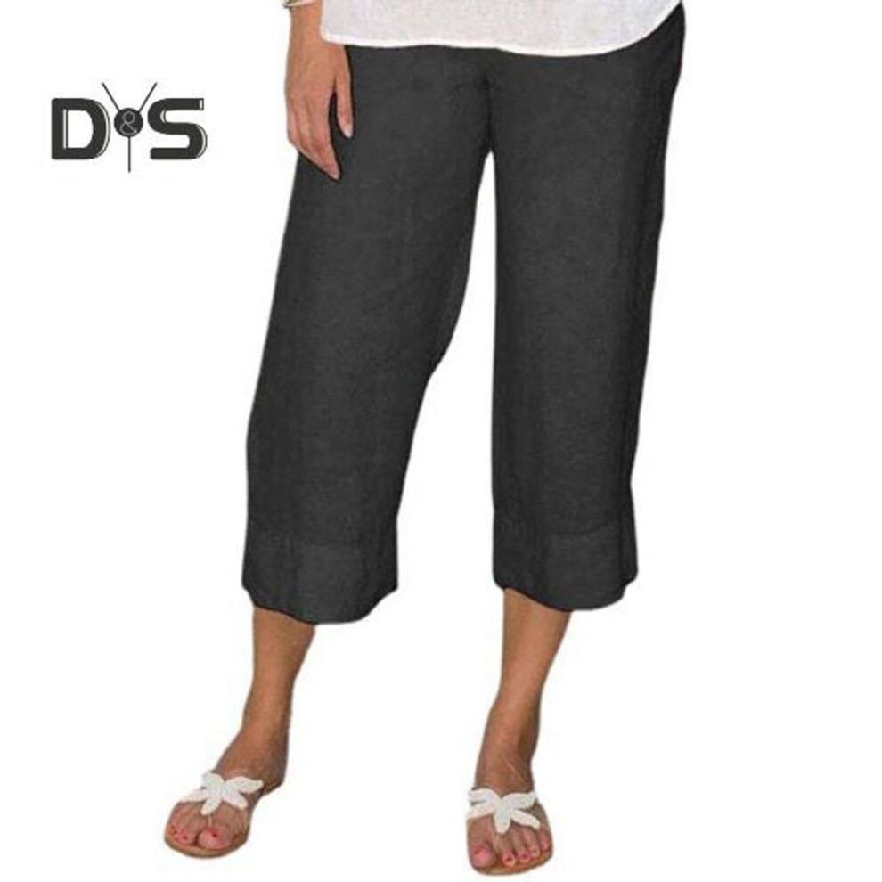 (black, 2XL) Women Pants Elastic Waist Mid-rise Wide-leg Casual Pants With Pockets Solid Color Long Trousers Daily Wear